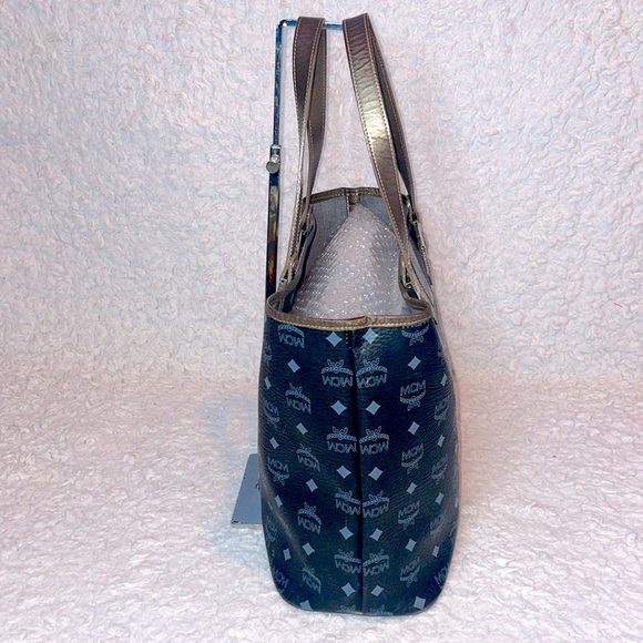 MCM Visetos Monogram Princess Lion Snakeskin Stripe Shoulder Bag Tote in Black